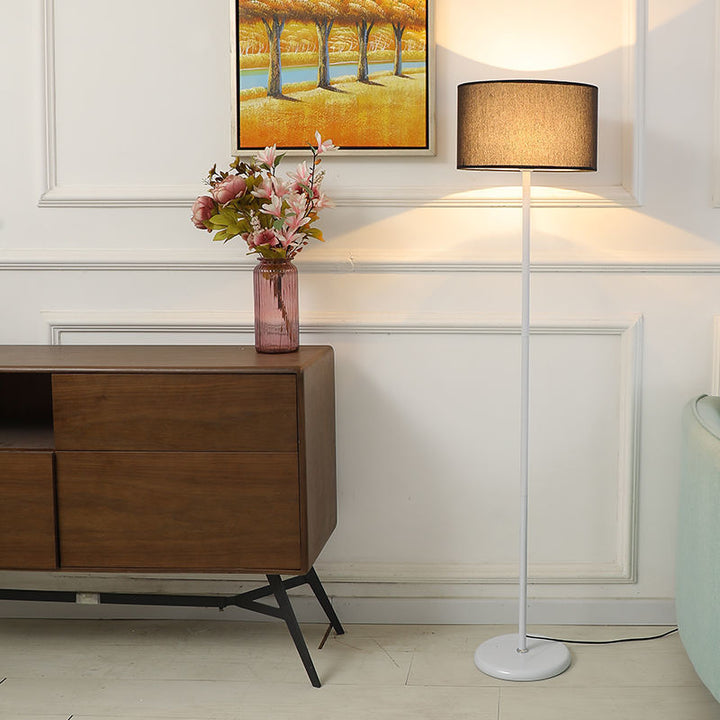 Lampe de sol contemporaine en fer avec abat-jour en tissu cylindrique à 1 lumière pour le salon 