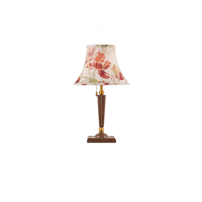 Traditional French Printed Round Fabric Shade Solid Wood Base 1-Light Table Lamp For Home Office