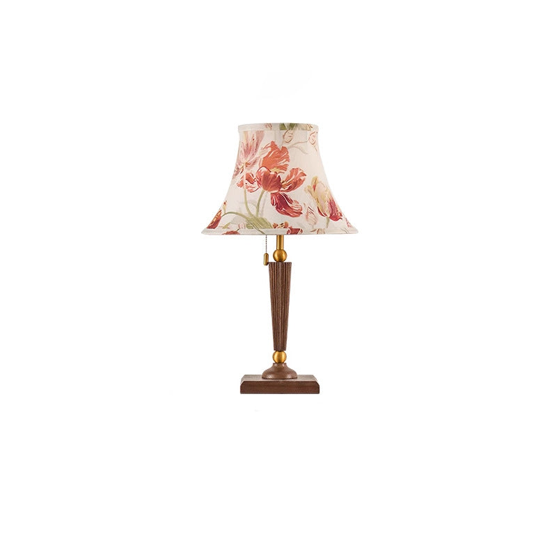 Traditional French Printed Round Fabric Shade Solid Wood Base 1-Light Table Lamp For Home Office