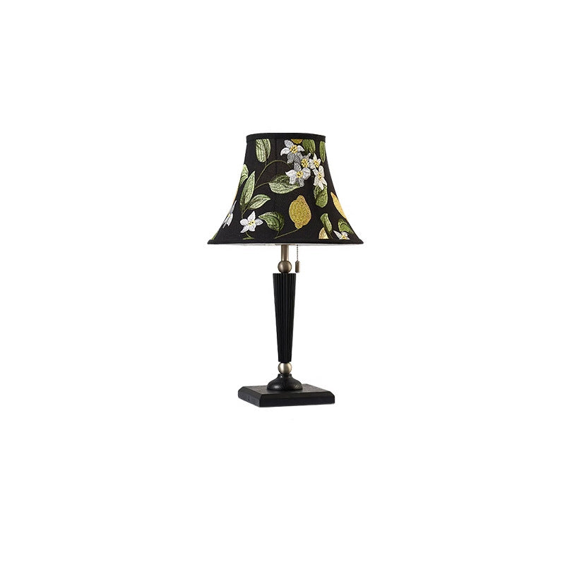 Traditional French Printed Round Fabric Shade Solid Wood Base 1-Light Table Lamp For Home Office