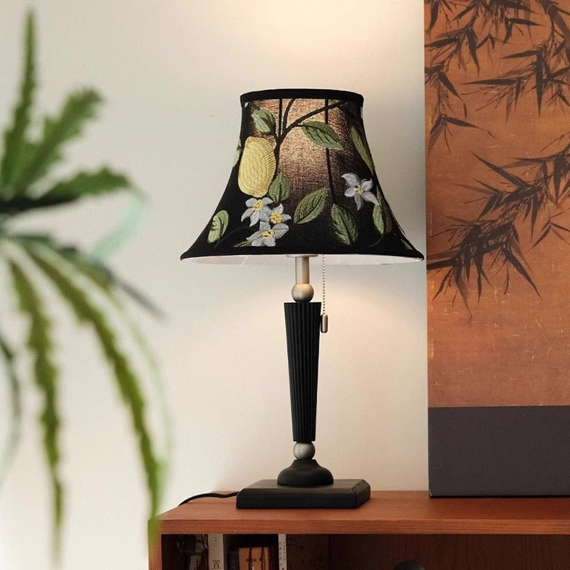 Traditional French Printed Round Fabric Shade Solid Wood Base 1-Light Table Lamp For Home Office