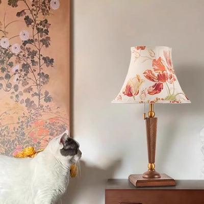 Traditional French Printed Round Fabric Shade Solid Wood Base 1-Light Table Lamp For Home Office