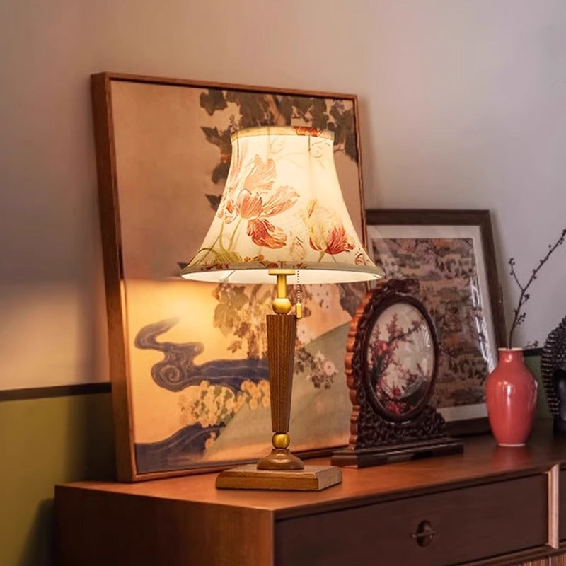 Traditional French Printed Round Fabric Shade Solid Wood Base 1-Light Table Lamp For Home Office