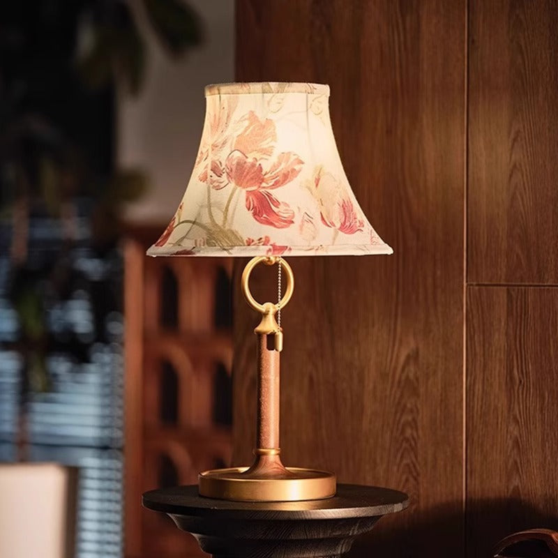 Traditional French Printed Round Fabric Shade Solid Wood Base 1-Light Table Lamp For Home Office