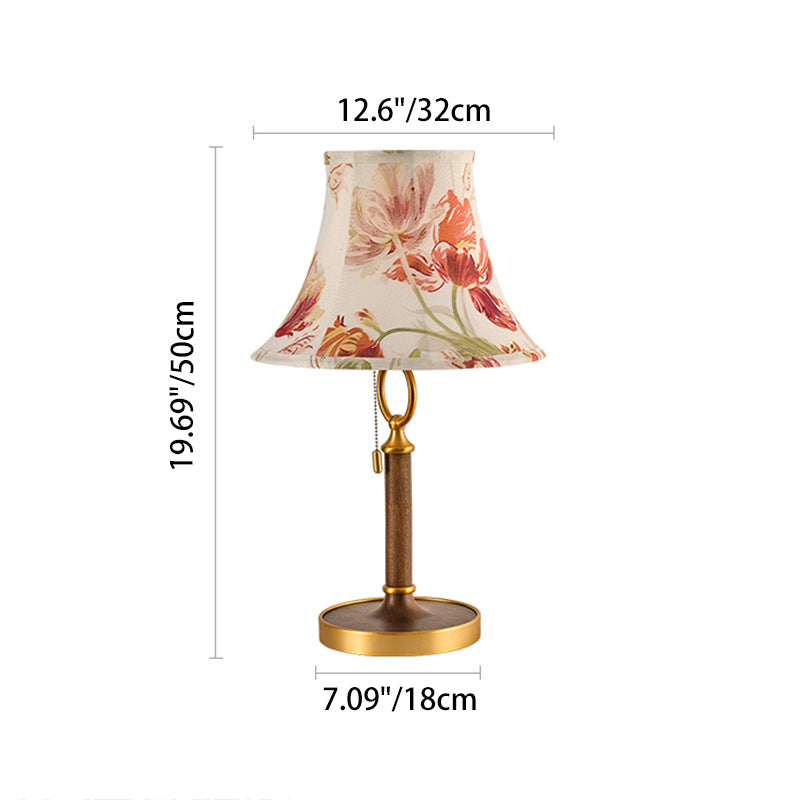 Traditional French Printed Round Fabric Shade Solid Wood Base 1-Light Table Lamp For Home Office