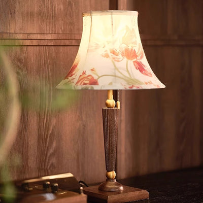 Traditional French Printed Round Fabric Shade Solid Wood Base 1-Light Table Lamp For Home Office