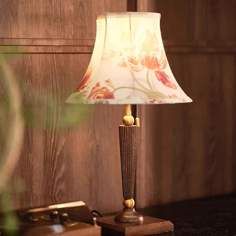 Traditional French Printed Round Fabric Shade Solid Wood Base 1-Light Table Lamp For Home Office
