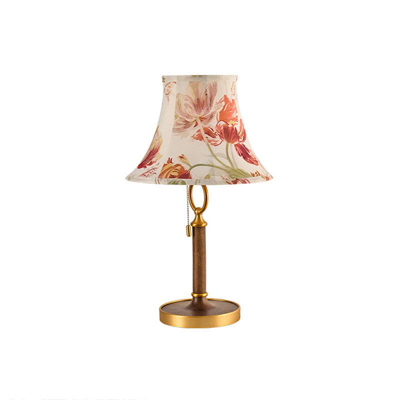 Traditional French Printed Round Fabric Shade Solid Wood Base 1-Light Table Lamp For Home Office