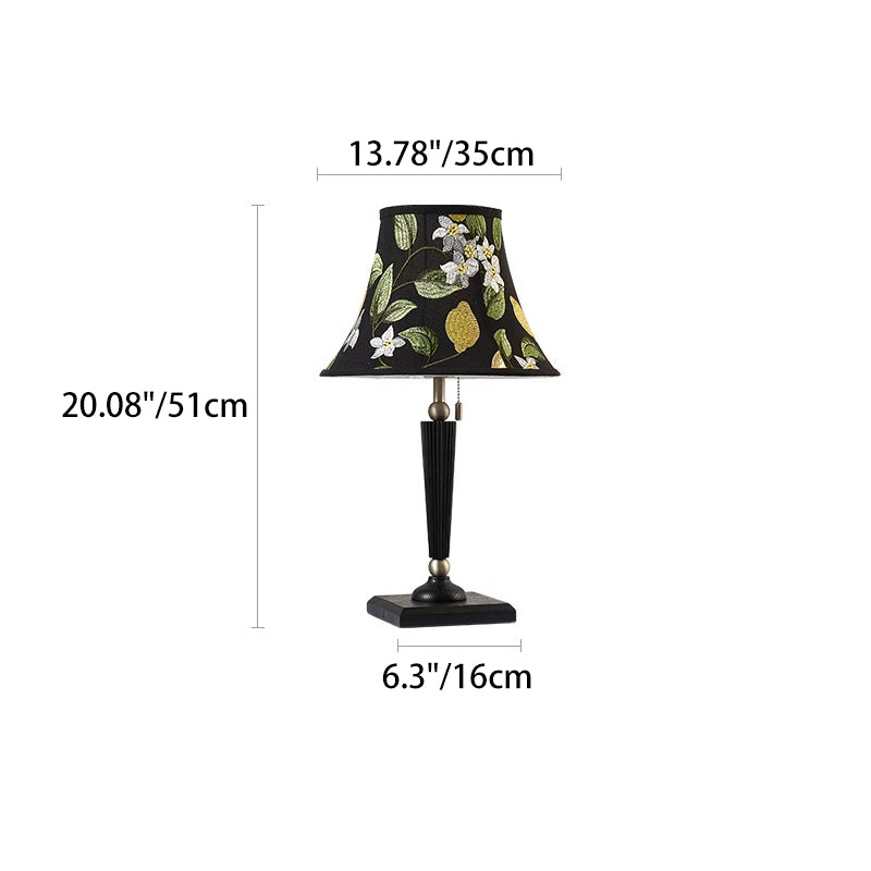 Traditional French Printed Round Fabric Shade Solid Wood Base 1-Light Table Lamp For Home Office