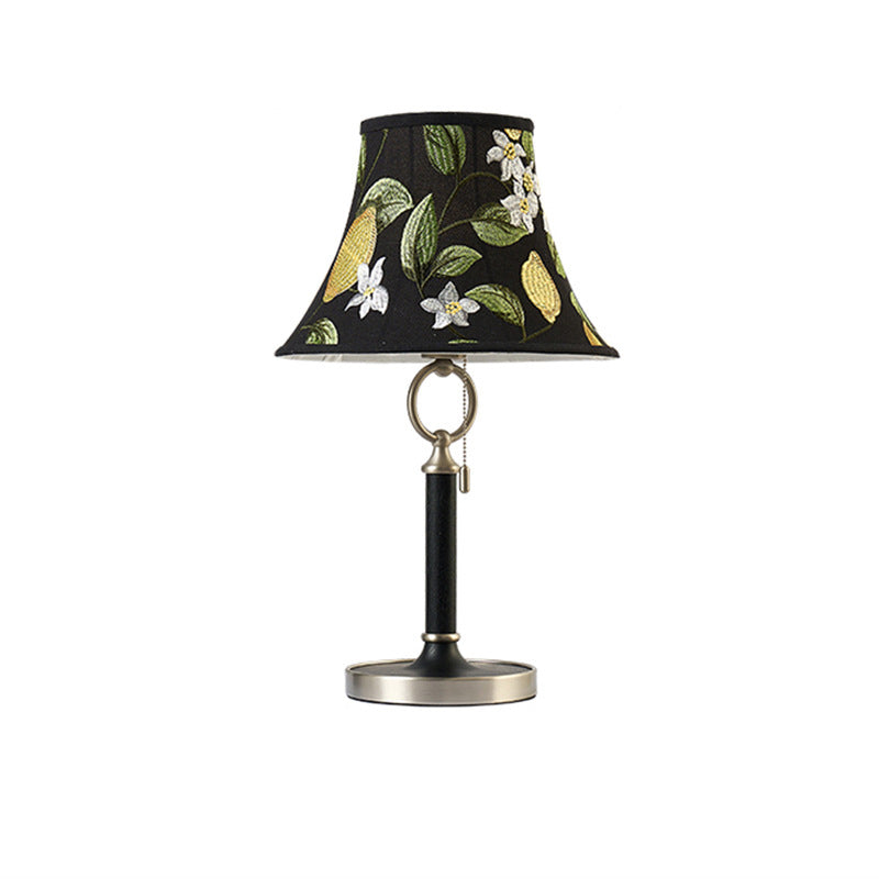 Traditional French Printed Round Fabric Shade Solid Wood Base 1-Light Table Lamp For Home Office