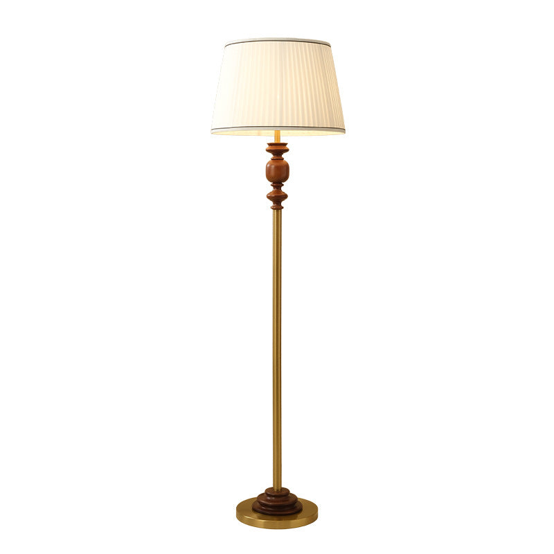 Lampadaire contemporain en bois massif avec abat-jour plissé en tissu cylindrique pour salon 