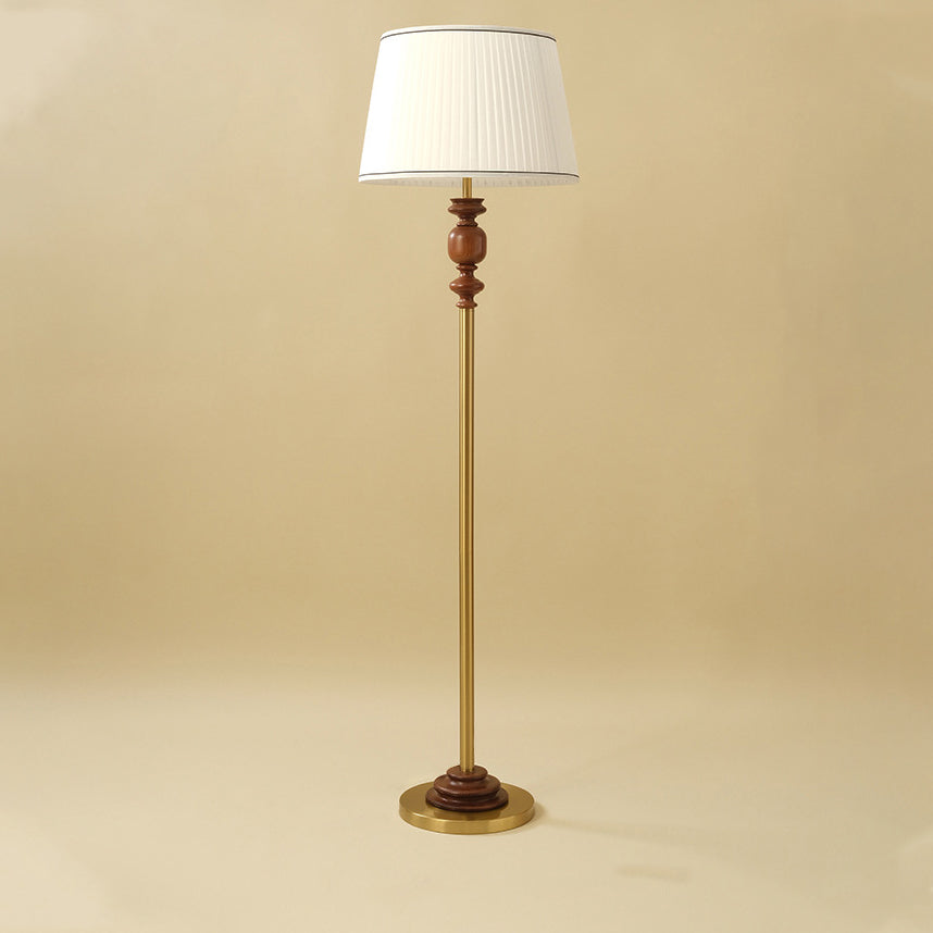 Lampadaire contemporain en bois massif avec abat-jour plissé en tissu cylindrique pour salon 