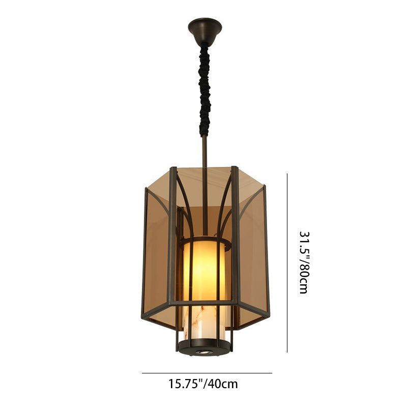 Traditional Vintage Imitation Marble Hexagon Glass Shade 1-Light Pendant Light For Living Room