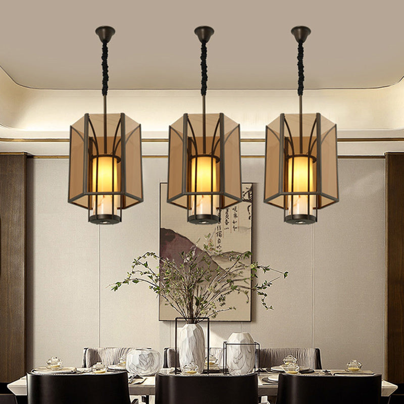 Traditional Vintage Imitation Marble Hexagon Glass Shade 1-Light Pendant Light For Living Room