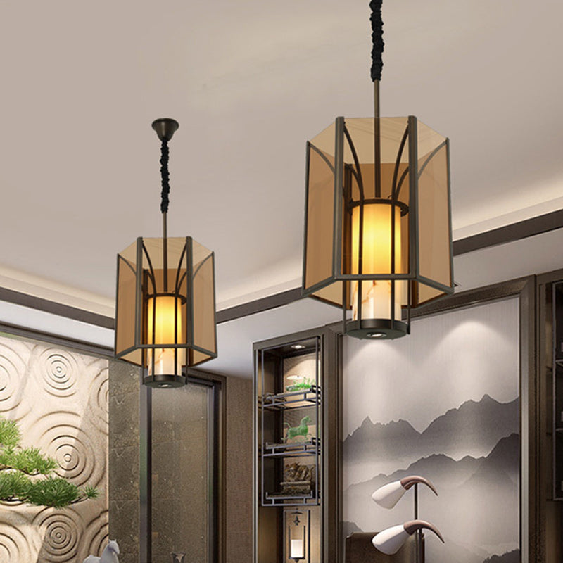 Traditional Vintage Imitation Marble Hexagon Glass Shade 1-Light Pendant Light For Living Room