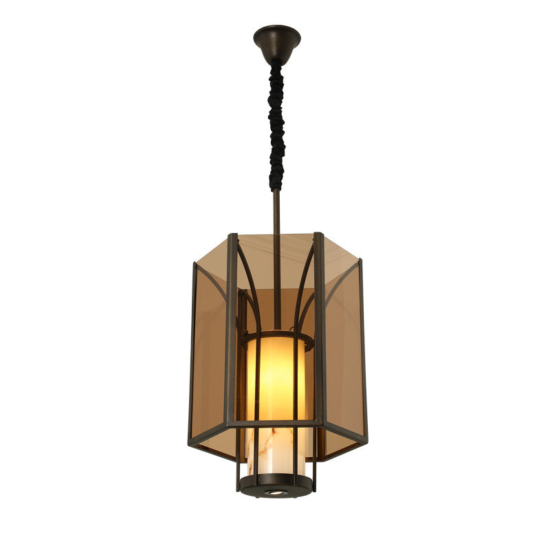 Traditional Vintage Imitation Marble Hexagon Glass Shade 1-Light Pendant Light For Living Room