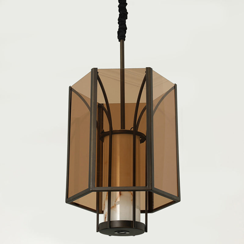 Traditional Vintage Imitation Marble Hexagon Glass Shade 1-Light Pendant Light For Living Room