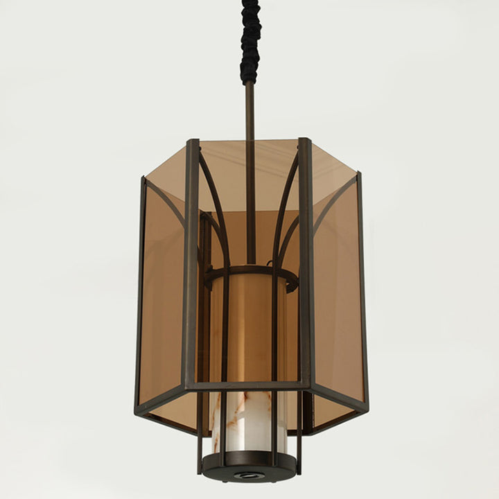Traditional Vintage Imitation Marble Hexagon Glass Shade 1-Light Pendant Light For Living Room