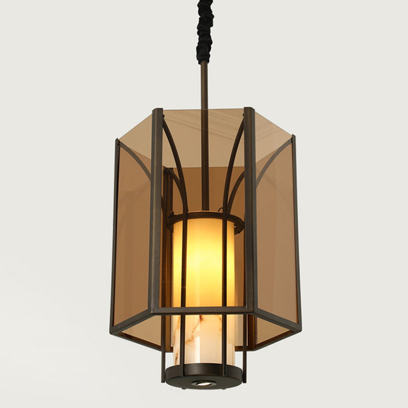 Traditional Vintage Imitation Marble Hexagon Glass Shade 1-Light Pendant Light For Living Room