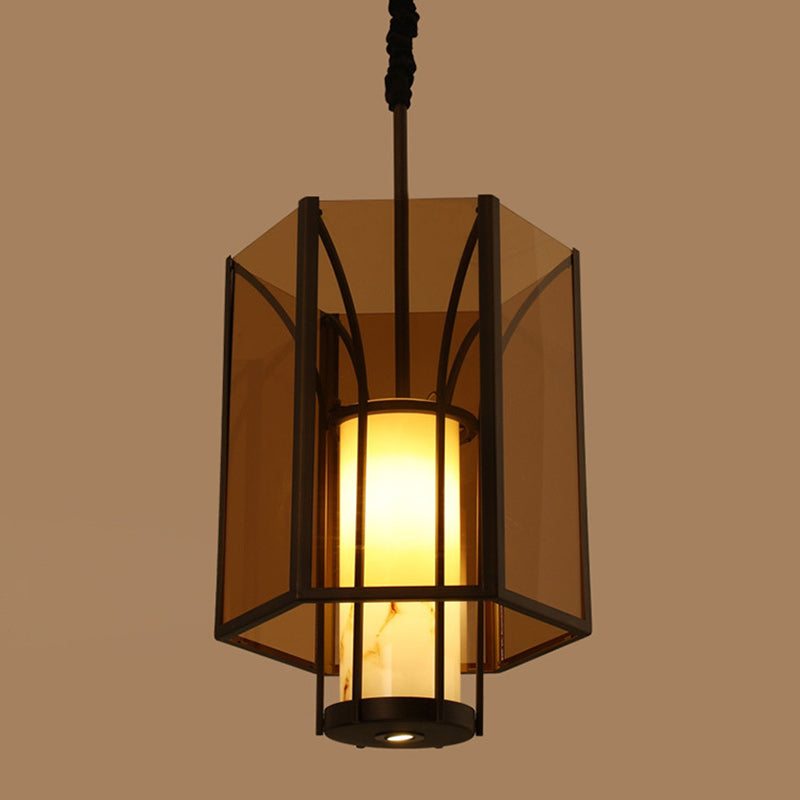 Traditional Vintage Imitation Marble Hexagon Glass Shade 1-Light Pendant Light For Living Room