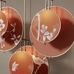 Traditional Chinese Iron Flower Bird Pattern Fabric Round Fan 1-Light Pendant Light For Living Room