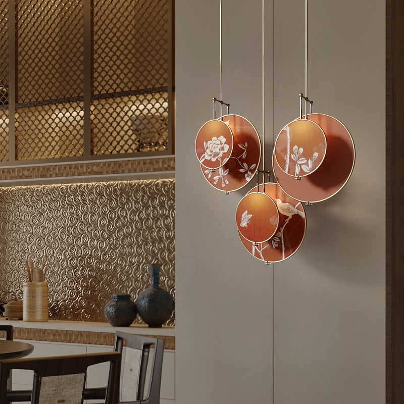 Traditional Chinese Iron Flower Bird Pattern Fabric Round Fan 1-Light Pendant Light For Living Room