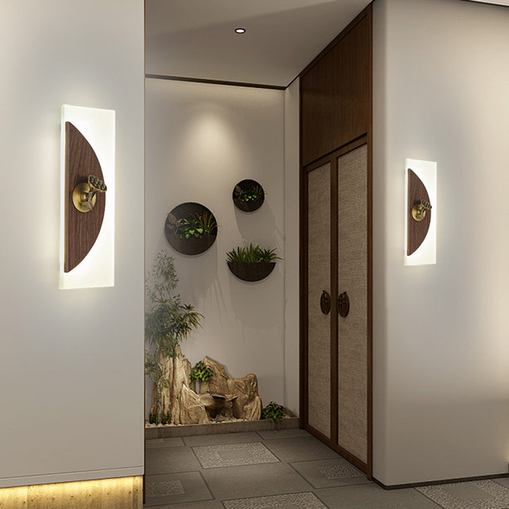 Aplique de pared LED con pantalla acrílica de madera de nogal rectangular tradicional china para sala de estar 