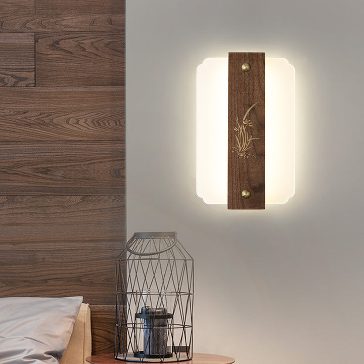Aplique de pared LED con pantalla acrílica de madera de nogal rectangular tradicional china para sala de estar 