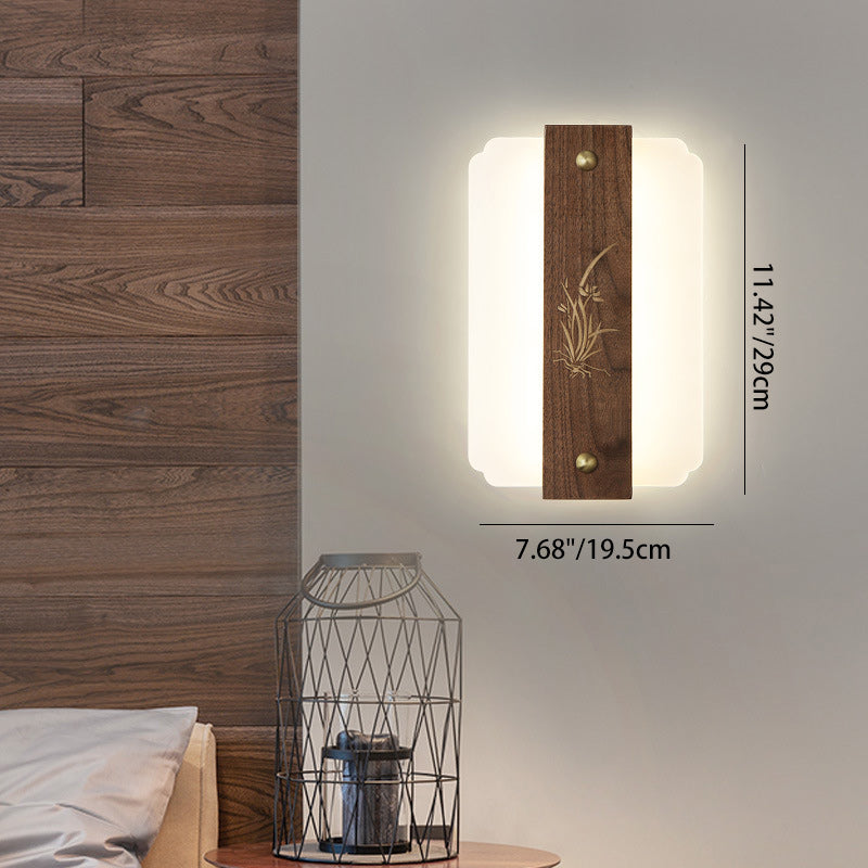 Aplique de pared LED con pantalla acrílica de madera de nogal rectangular tradicional china para sala de estar 