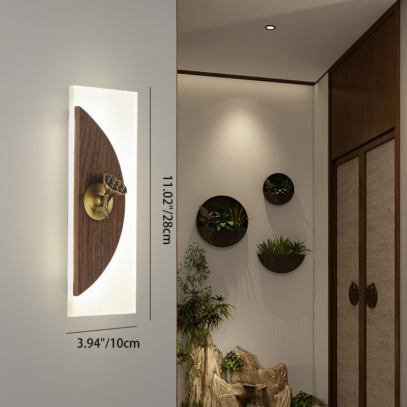 Aplique de pared LED con pantalla acrílica de madera de nogal rectangular tradicional china para sala de estar 