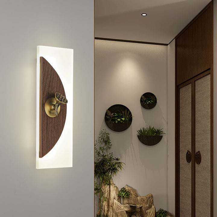 Aplique de pared LED con pantalla acrílica de madera de nogal rectangular tradicional china para sala de estar 