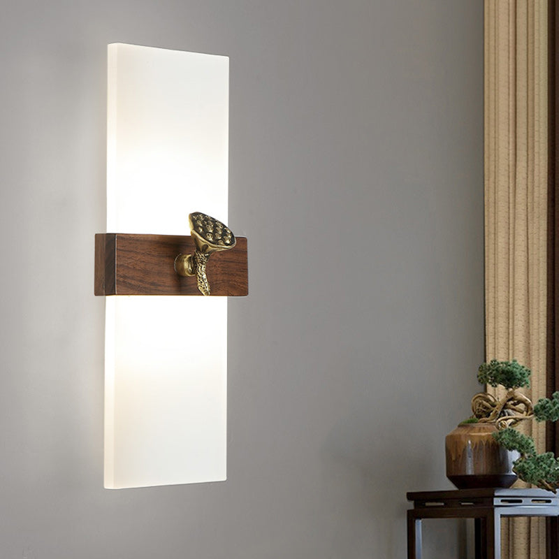 Aplique de pared LED con pantalla acrílica de madera de nogal rectangular tradicional china para sala de estar 
