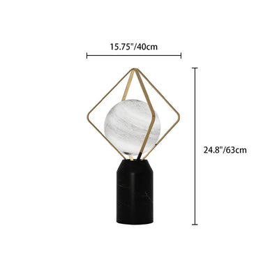 Contemporary Creative Planet Glass Shade Iron Rhombus Frame Marble Base 1-Light Table Lamp For Home Office