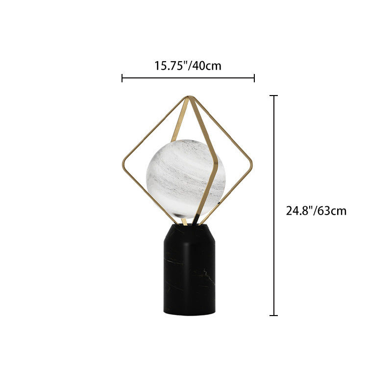 Contemporary Creative Planet Glass Shade Iron Rhombus Frame Marble Base 1-Light Table Lamp For Home Office