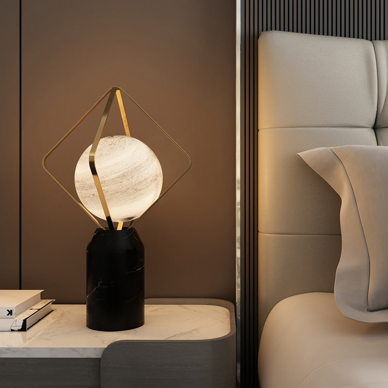Contemporary Creative Planet Glass Shade Iron Rhombus Frame Marble Base 1-Light Table Lamp For Home Office
