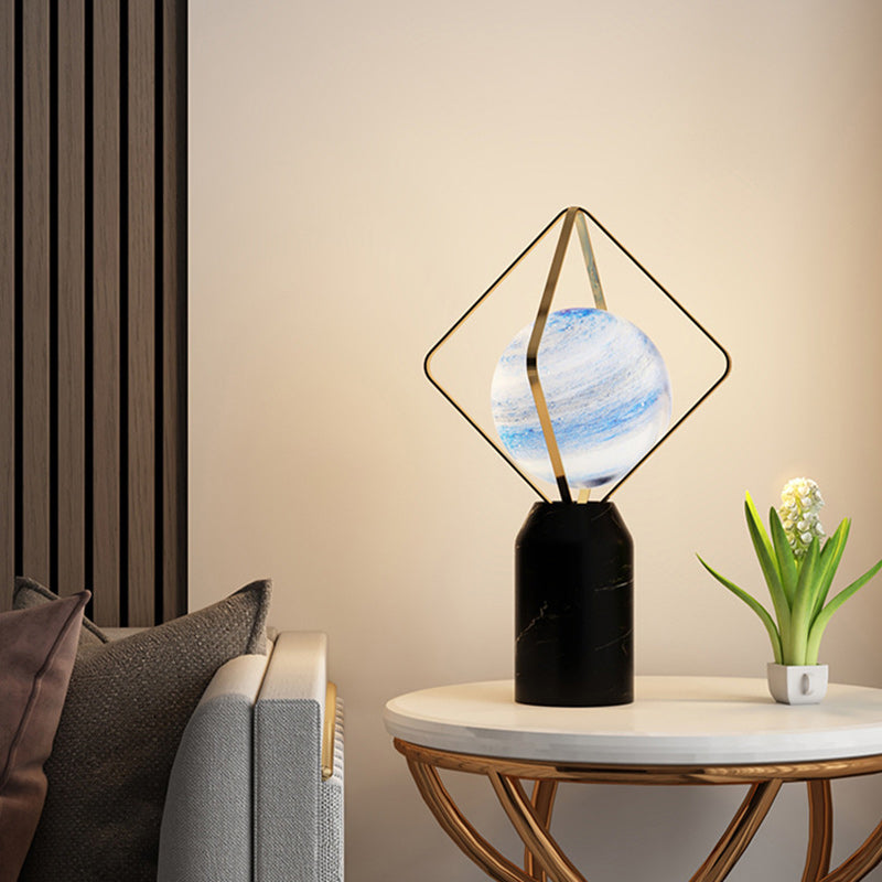 Contemporary Creative Planet Glass Shade Iron Rhombus Frame Marble Base 1-Light Table Lamp For Home Office