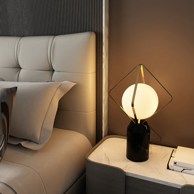 Contemporary Creative Planet Glass Shade Iron Rhombus Frame Marble Base 1-Light Table Lamp For Home Office