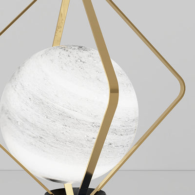 Contemporary Creative Planet Glass Shade Iron Rhombus Frame Marble Base 1-Light Table Lamp For Home Office