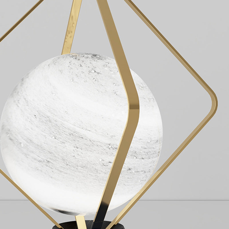 Contemporary Creative Planet Glass Shade Iron Rhombus Frame Marble Base 1-Light Table Lamp For Home Office