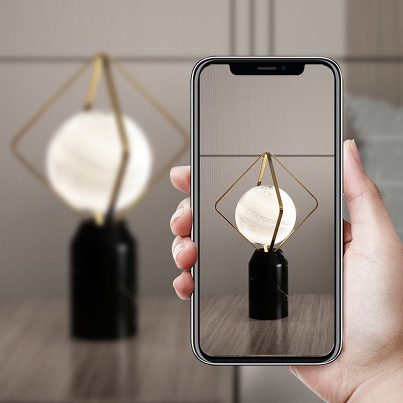 Contemporary Creative Planet Glass Shade Iron Rhombus Frame Marble Base 1-Light Table Lamp For Home Office