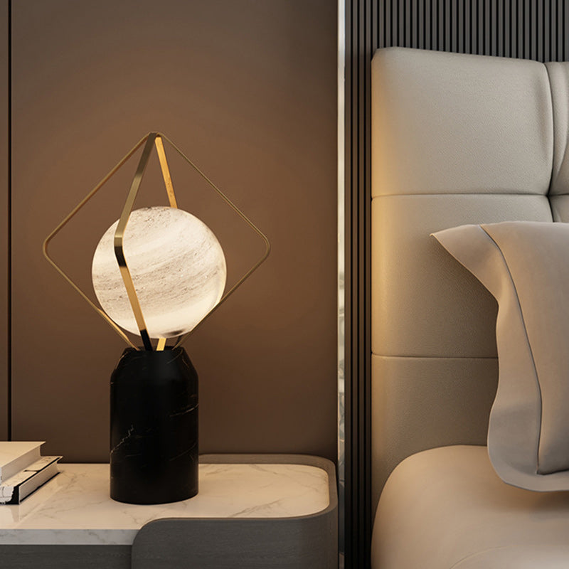 Contemporary Creative Planet Glass Shade Iron Rhombus Frame Marble Base 1-Light Table Lamp For Home Office