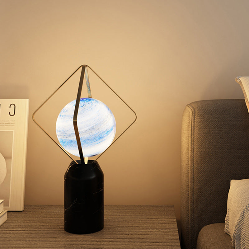 Contemporary Creative Planet Glass Shade Iron Rhombus Frame Marble Base 1-Light Table Lamp For Home Office