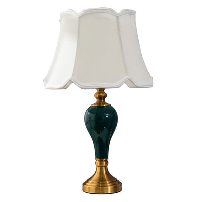 Traditional Chinese Fabric Round Shade Ceramic Vase Base 1-Light Table Lamp For Bedroom