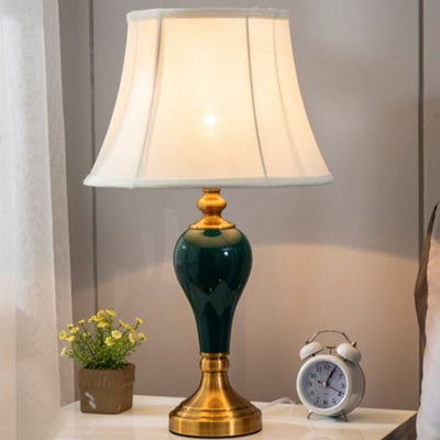 Traditional Chinese Fabric Round Shade Ceramic Vase Base 1-Light Table Lamp For Bedroom