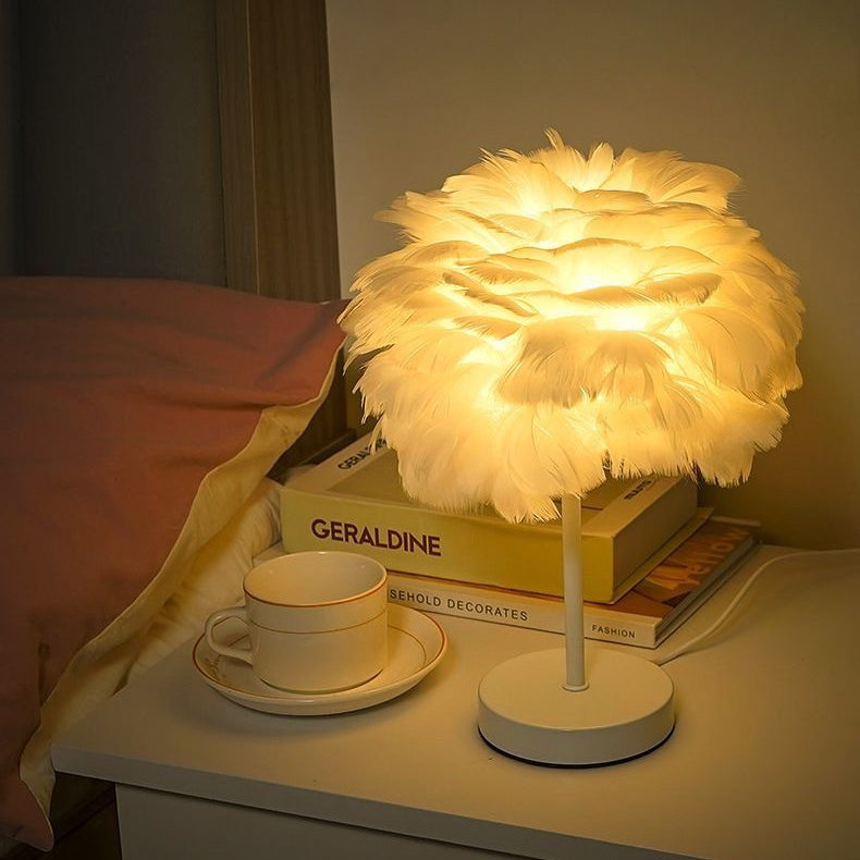 Contemporary Creative Feather Oval Shade Ice Cracked Ceramic Base 1-Light Table Lamp For Bedroom