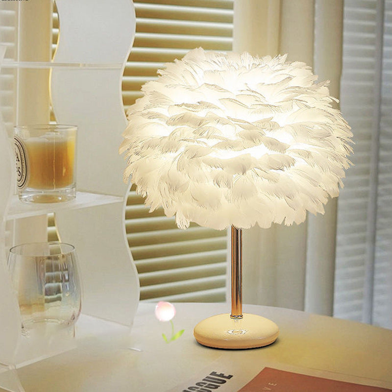 Contemporary Creative Feather Oval Shade Ice Cracked Ceramic Base 1-Light Table Lamp For Bedroom