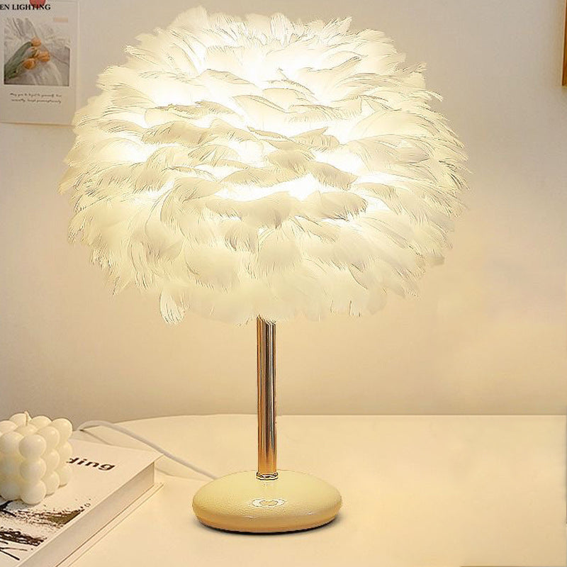 Contemporary Creative Feather Oval Shade Ice Cracked Ceramic Base 1-Light Table Lamp For Bedroom