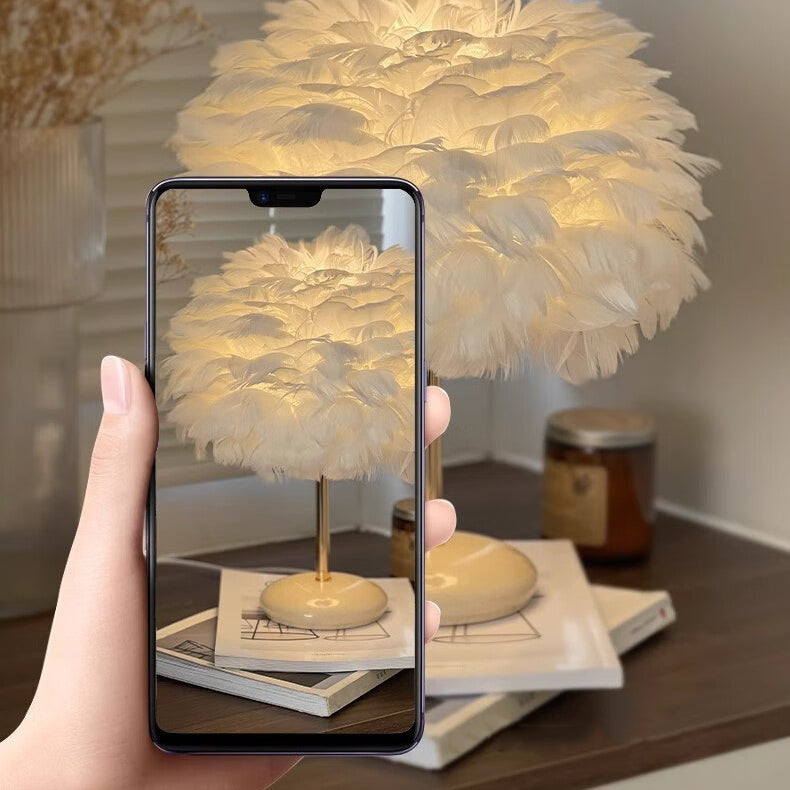 Contemporary Creative Feather Oval Shade Ice Cracked Ceramic Base 1-Light Table Lamp For Bedroom