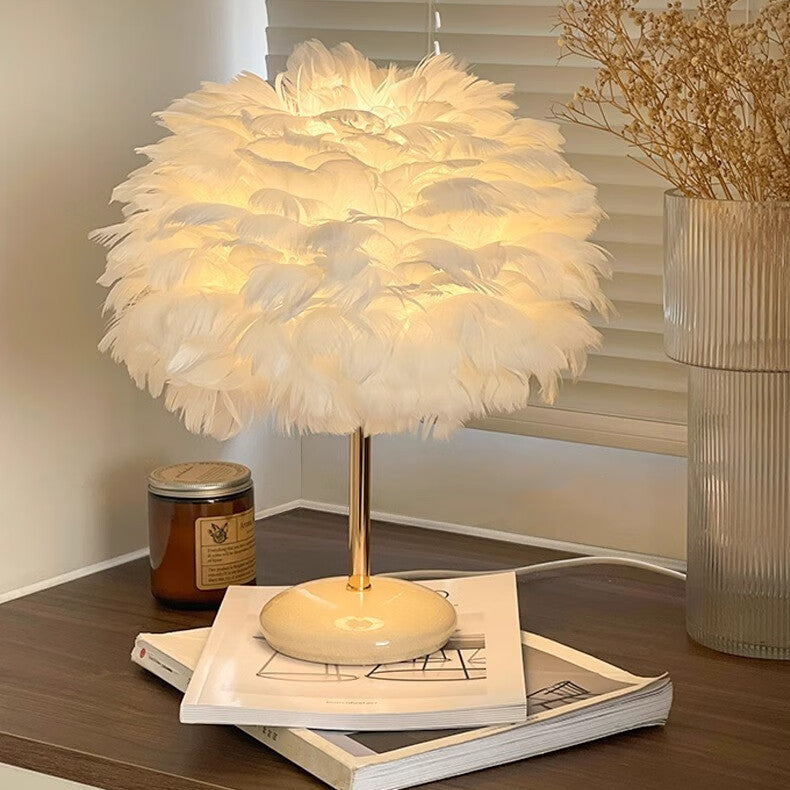 Contemporary Creative Feather Oval Shade Ice Cracked Ceramic Base 1-Light Table Lamp For Bedroom
