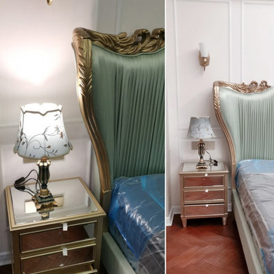 Lámpara de mesa de 1 luz con base de resina tallada y pantalla redonda con bordado de tela tradicional europea para dormitorio 